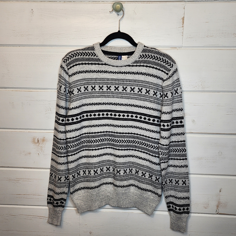 H&M Black and White Patterned Crewneck Wool Blend Sweater Medium
